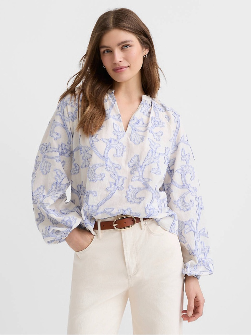 LOFT Petite Paisley Jacquard Split Neck Blouse